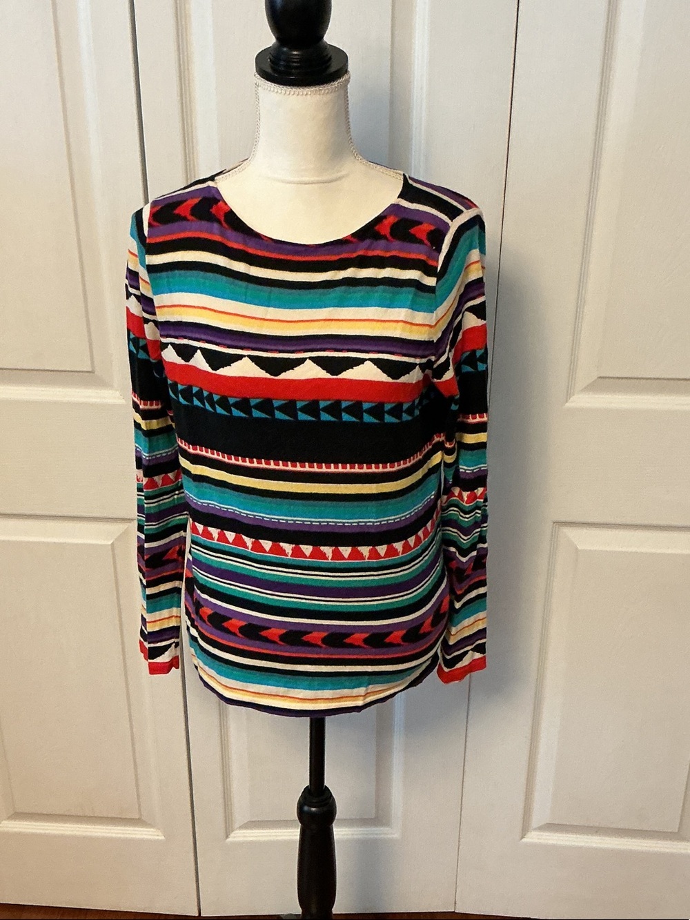 Chaps Multicolor Geometric Stripe Long Sleeve Top